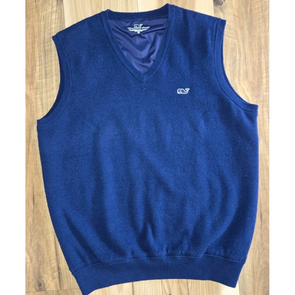 Vineyard Vines Golf Sweater Vest Mens Blue Size M Merino Wool Blend Lined V Neck